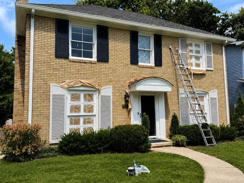 Front of a two-story yellow brick house with the windows masked off, a ladder against the wall and a bucket and brush on the lawn