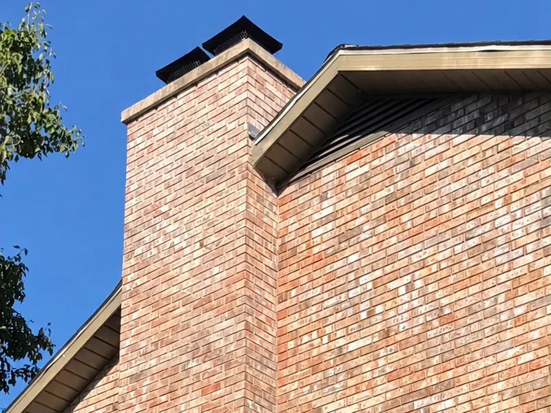 The same chimney and gable after staining, the brick now one warm red