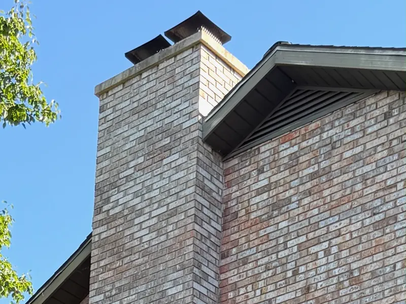 A brick chimney and gable wall in washed-out grey brick under a blue sky