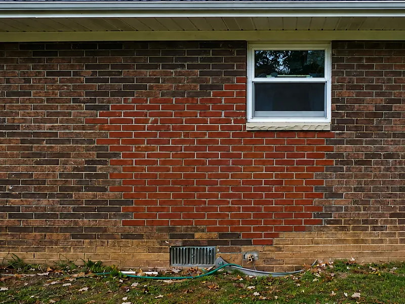 Brick wall with an unstained patch of red replacement brick standing out from the original masonry