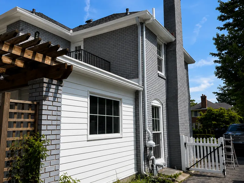 The same house after staining, every brick wall an even grey against the white siding and trim