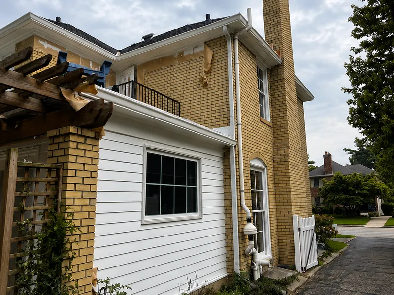 A two-story house with yellow brick walls, masked off at the eaves and ready for staining