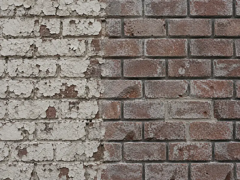 Brick wall half stripped of old white paint, bare brick on the right, peeling film still clinging on the left