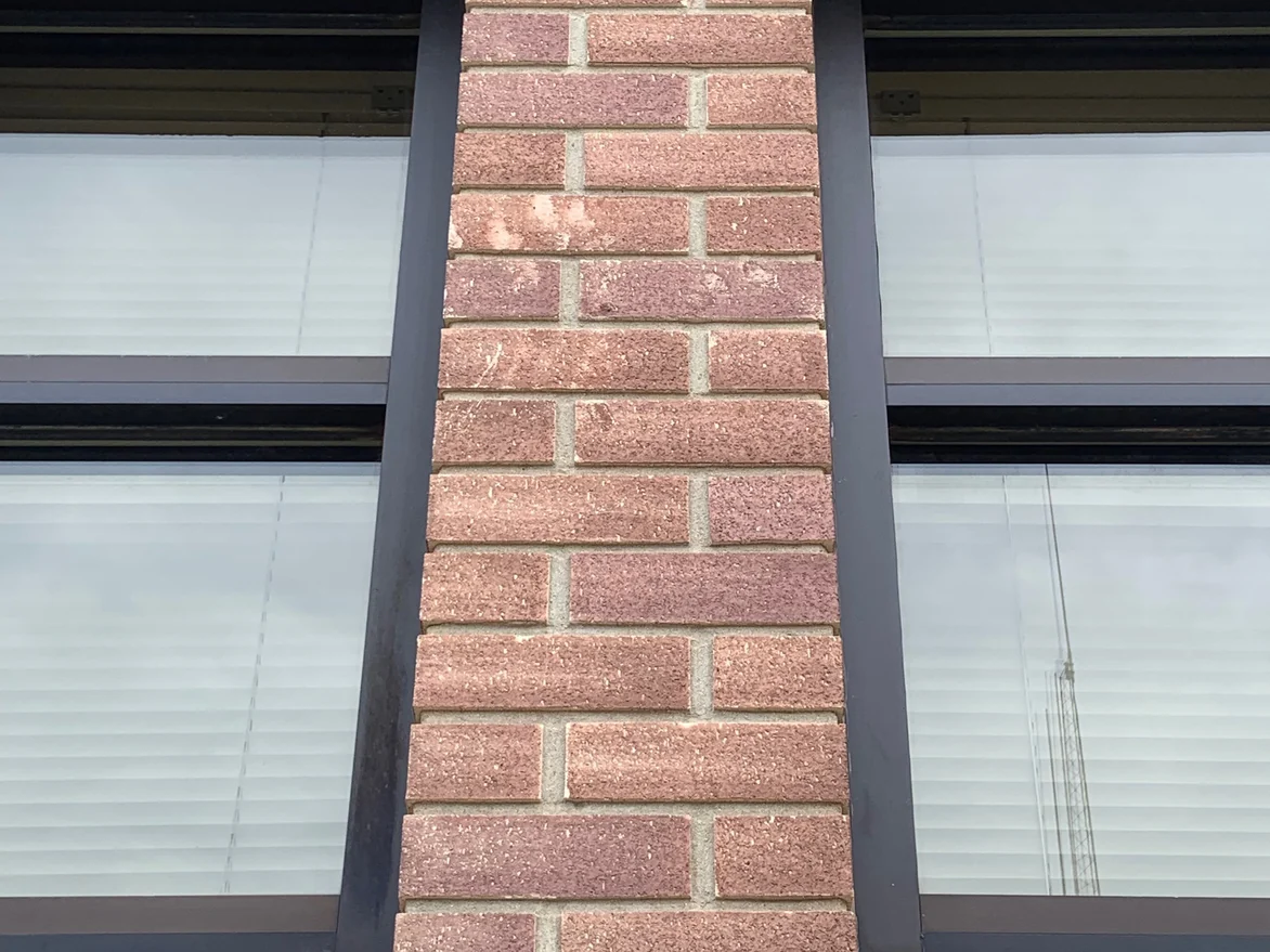 A brick pier between two windows in 2019, its units an even rose and brown range with pale mortar joints