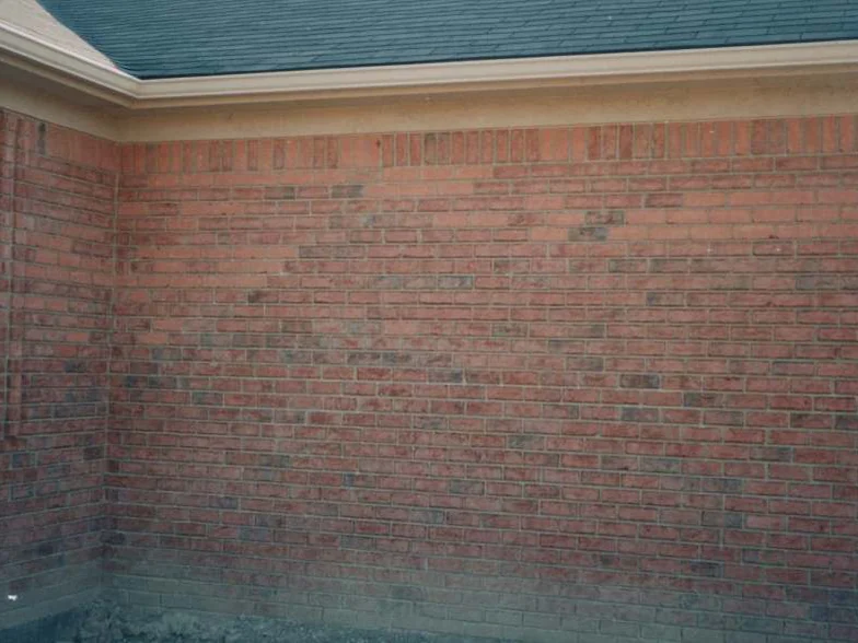 A corner wall of the house in 1998 at close range, light and dark units mixed through every course under the eave beside a window