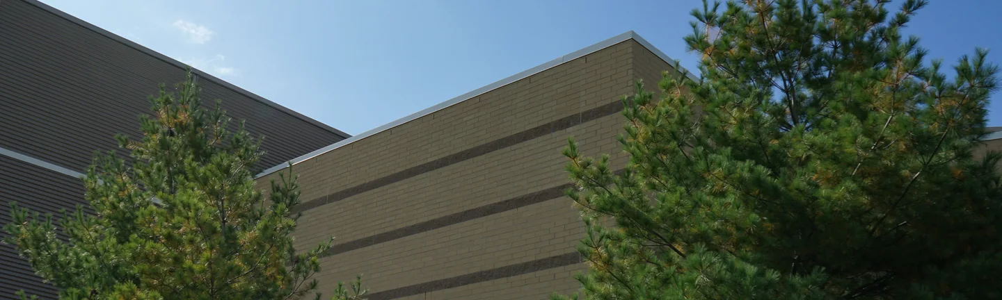 The banded brick corner of the church in 2019, its buff field and darker accent courses reading as one range behind mature pines