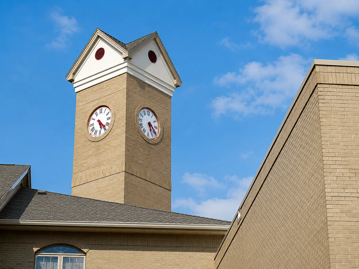 The same clocktower in 2019, the brick an even cream on every face from the cornice down to the roofline
