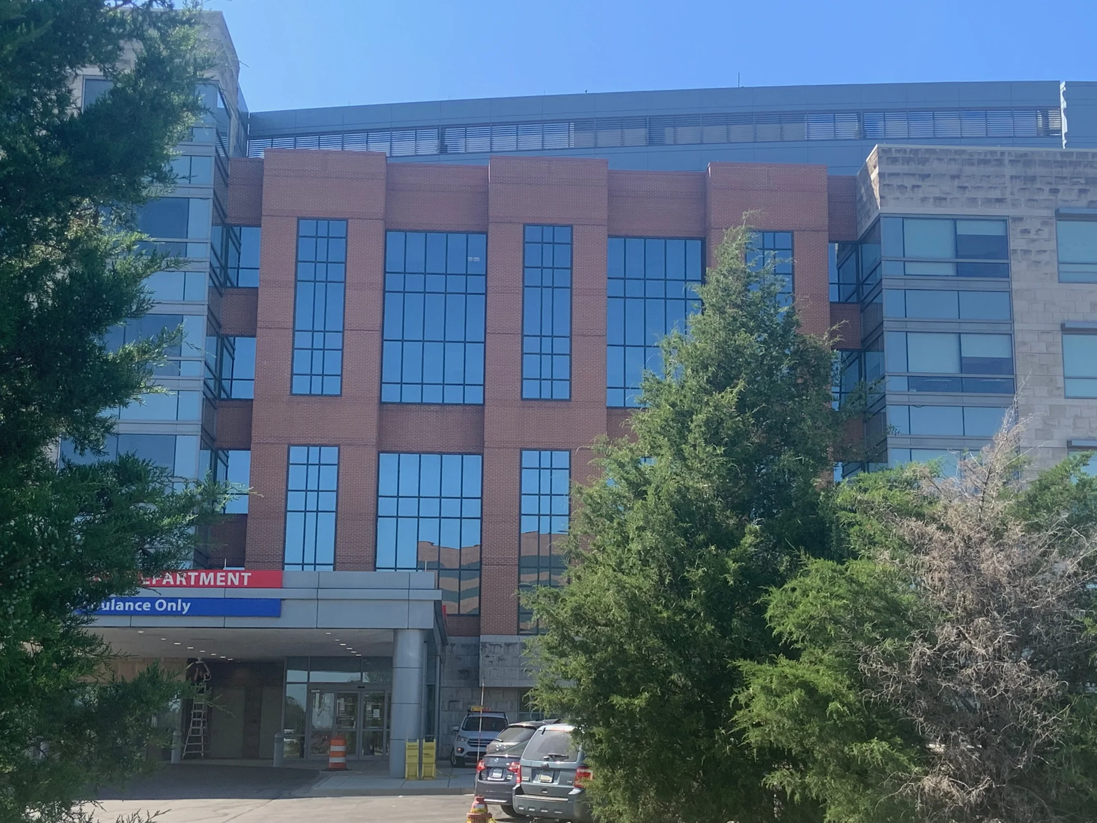 The brick bays above the emergency department entrance in 2019, the units reading as one range across four floors of glazing