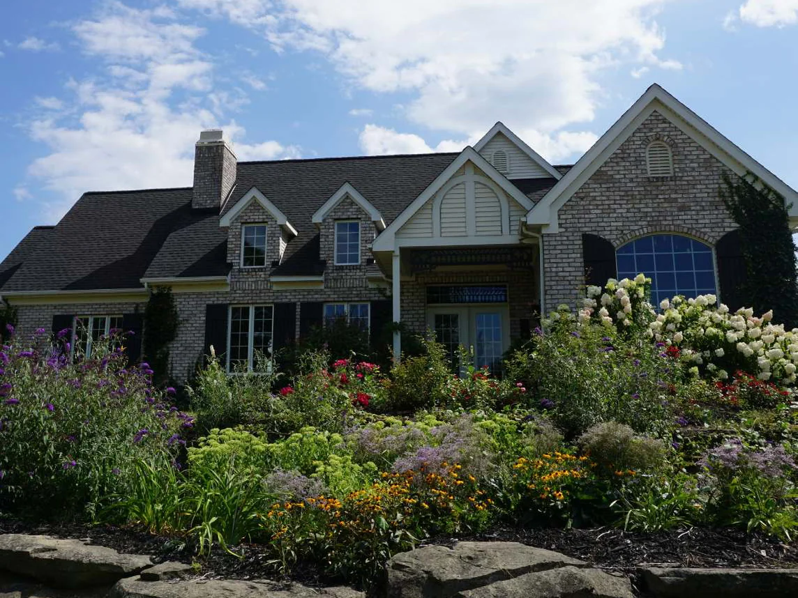 The whole front of the house in 2019 from the garden, three dormers and the gabled wing in one even buff range, hydrangeas and perennials grown up to the windows