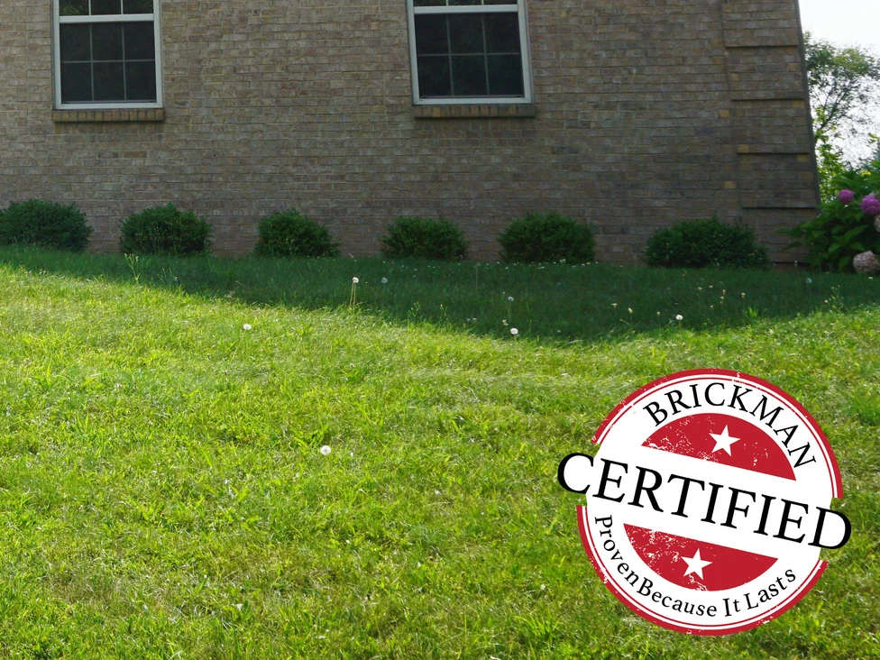 The foot of the gable wall in 2019 above a clipped shrub line and the lawn, the brick reading as one even buff range, with the Brickman certified stamp in the corner of the frame