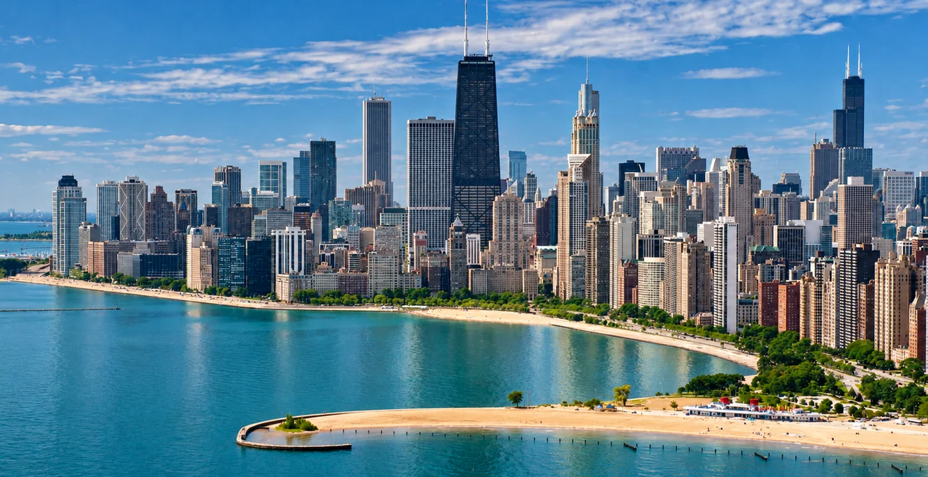 The Chicago skyline over Lake Michigan from above North Avenue Beach, the John Hancock Center at the center