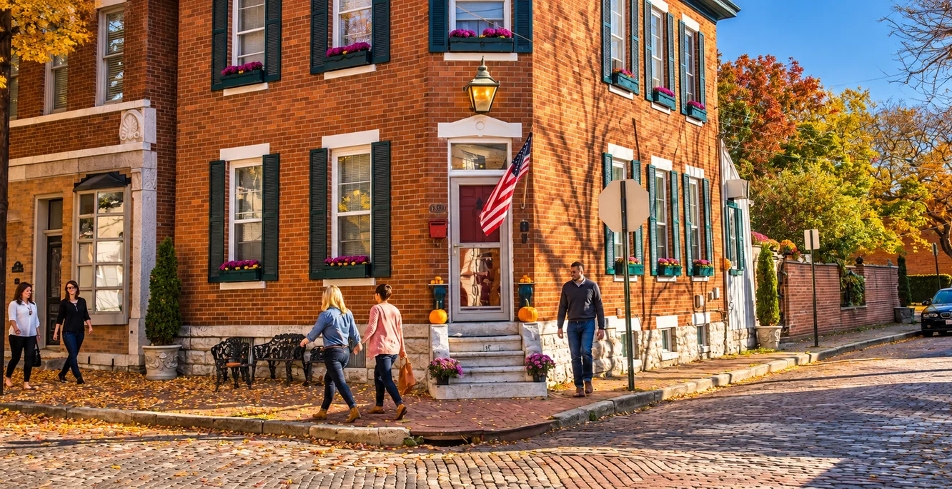 A brick corner house on a brick-paved street in German Village, Columbus, in autumn, with people walking past