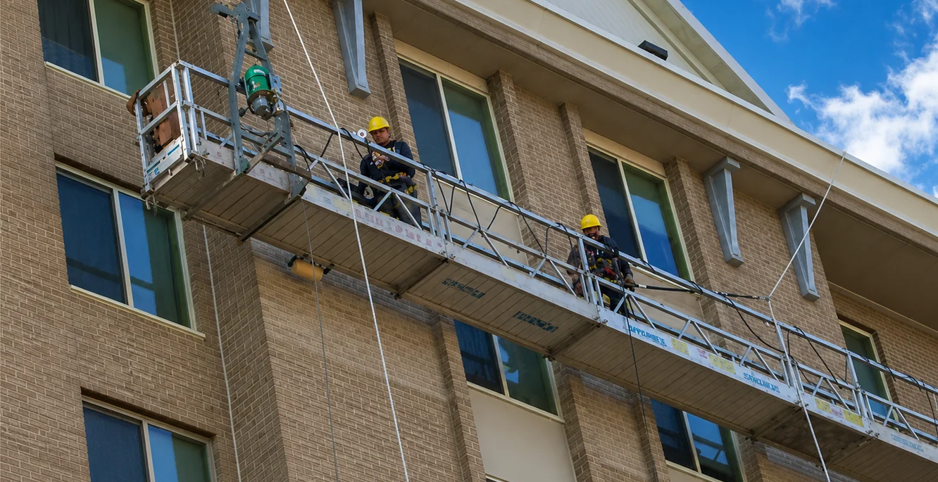Two workers in hard hats on a suspended platform partway up the brick face of a multi-story building