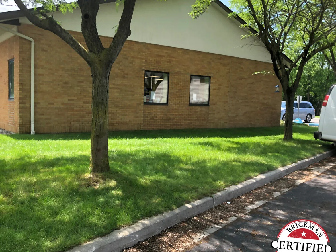 The long side wall of the library in tree shade in 2019, the brick running unbroken from the grass line to the eaves past two windows