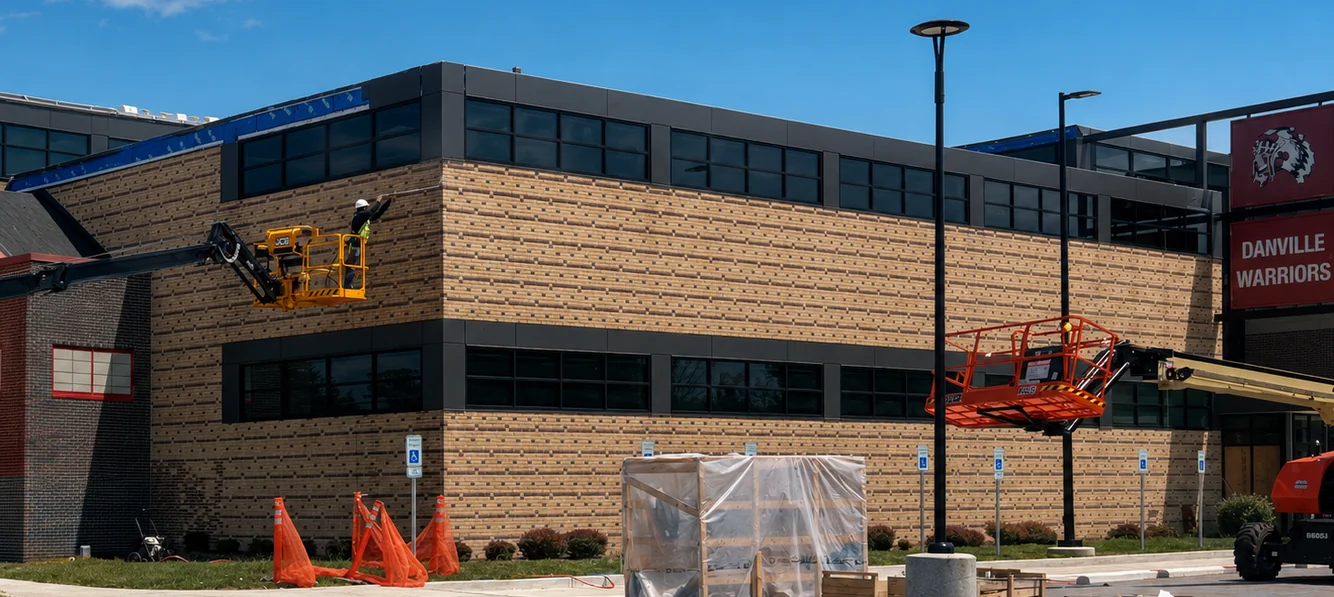 A worker raised in a boom lift basket staining the tan brick at the corner of a two story school building, a second lift standing further along the wall