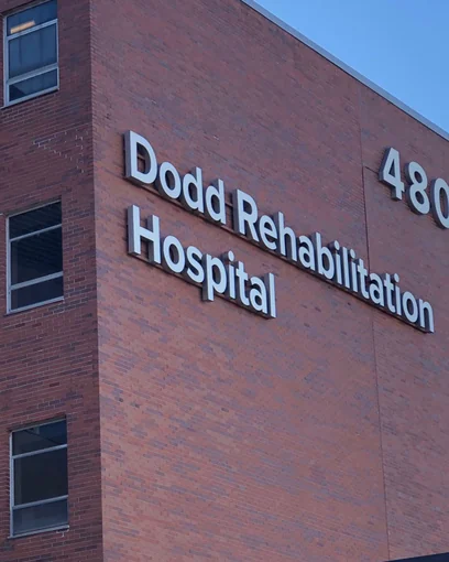 Dodd Rehabilitation Hospital in Columbus in 2021, the stained brick block over the entrance matching the wall beside it