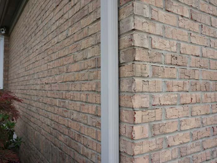 An outside corner of the house in 2019 at a white downspout, the tan brick one range on both faces, a Japanese maple at the left edge