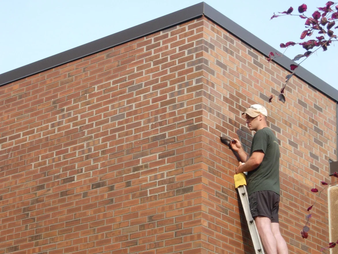 An applicator on an extension ladder working stain into single bricks at an outside corner of the building
