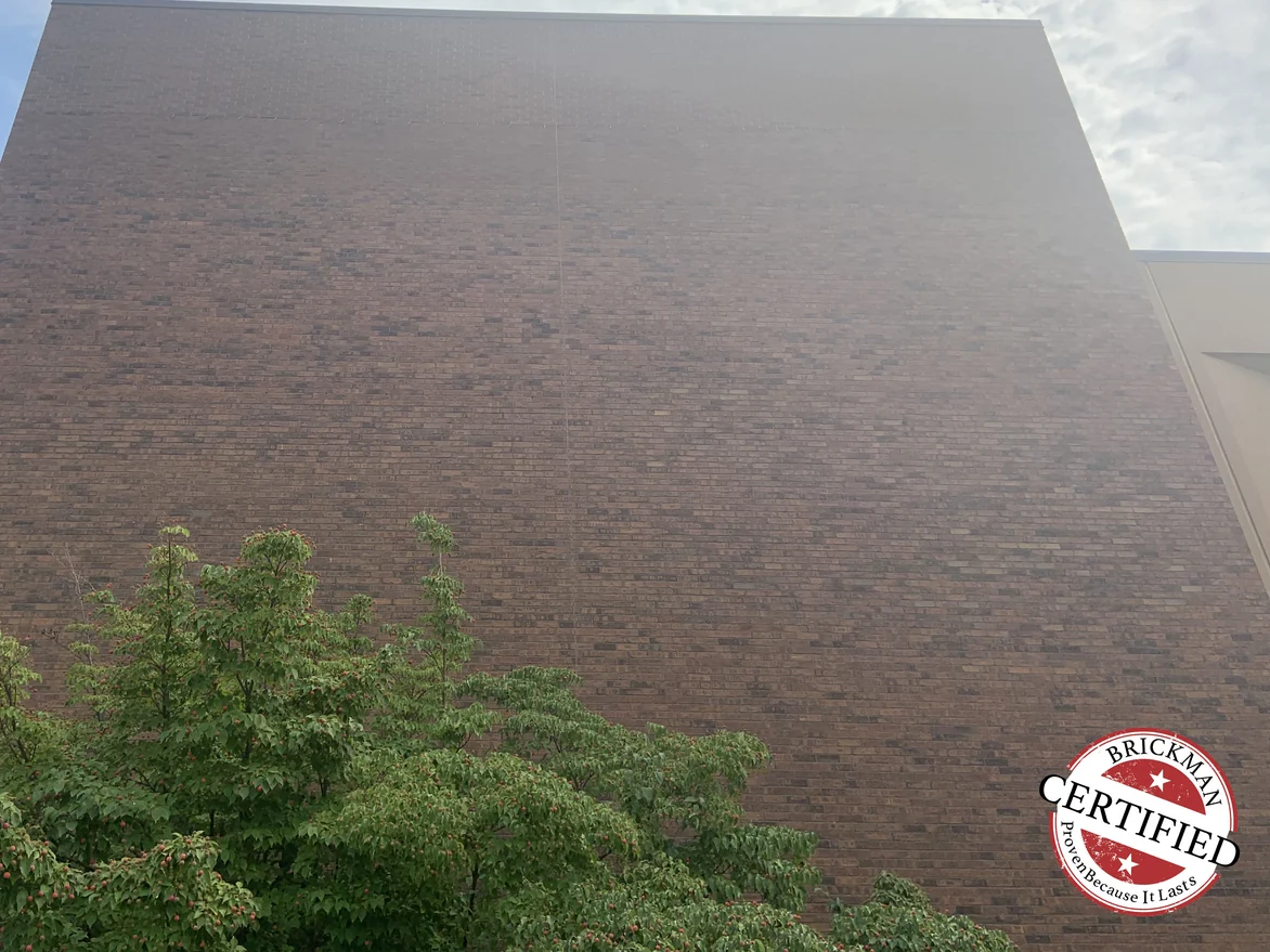 A tall blank elevation in 2019 seen from the ground, the brick an even red brown across the whole face