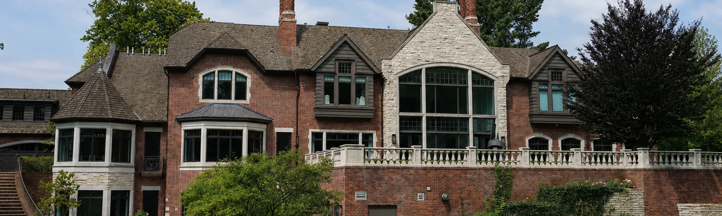The rear elevation of the Franklin house in 2019, its brick and limestone reading as one even wall above the pool terrace