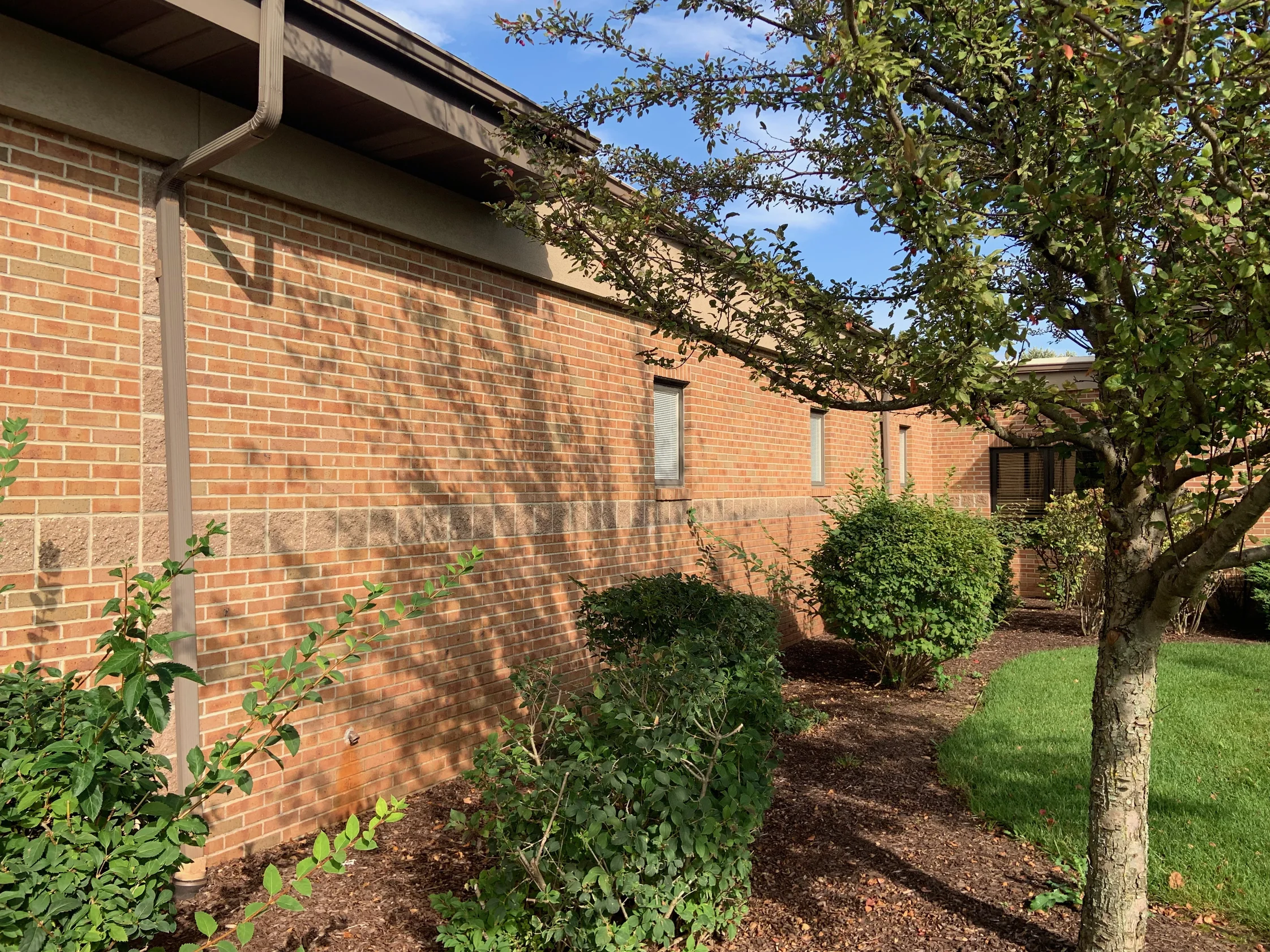 A long wall of the building running away from the camera in 2019, the brick reading as one tan and orange range across its whole length above the split faced block base, a flowering tree in the bed alongside