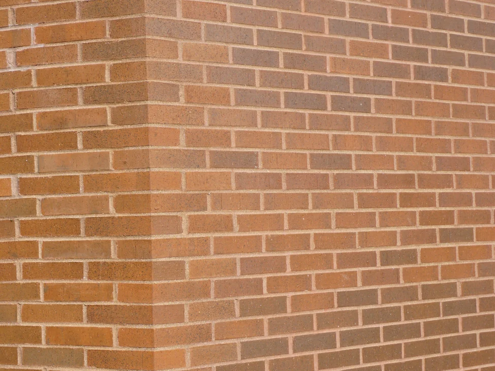 The base of an outside corner of the library in 2019, the shaped corner units reading as one warm tan range with the walls either side, grass at the foot of the wall and the certification stamp on the frame