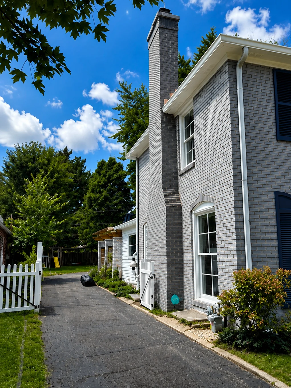 The same side after staining, the gable and the chimney an even grey against the white siding and trim