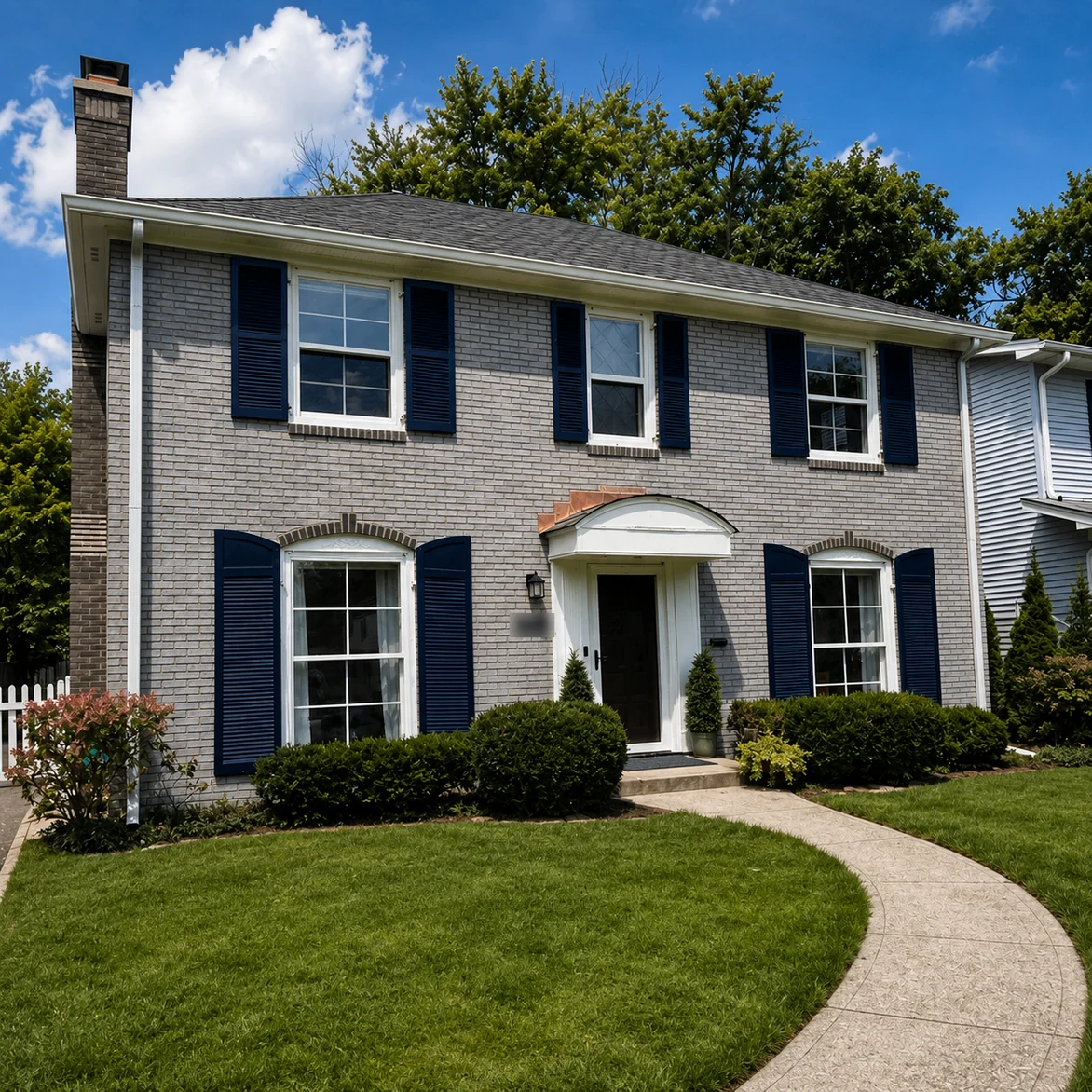 The same front elevation after staining, the brick an even mid grey with the shutters and the trim back in place
