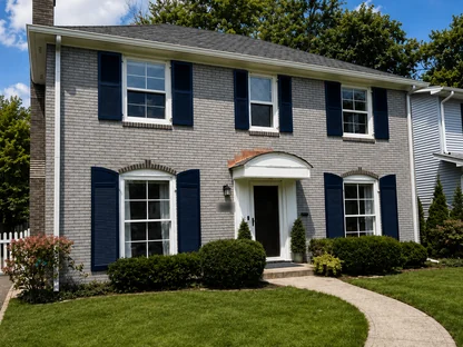 A colonial house with soft grey brick, navy shutters and a white front door under a curved portico