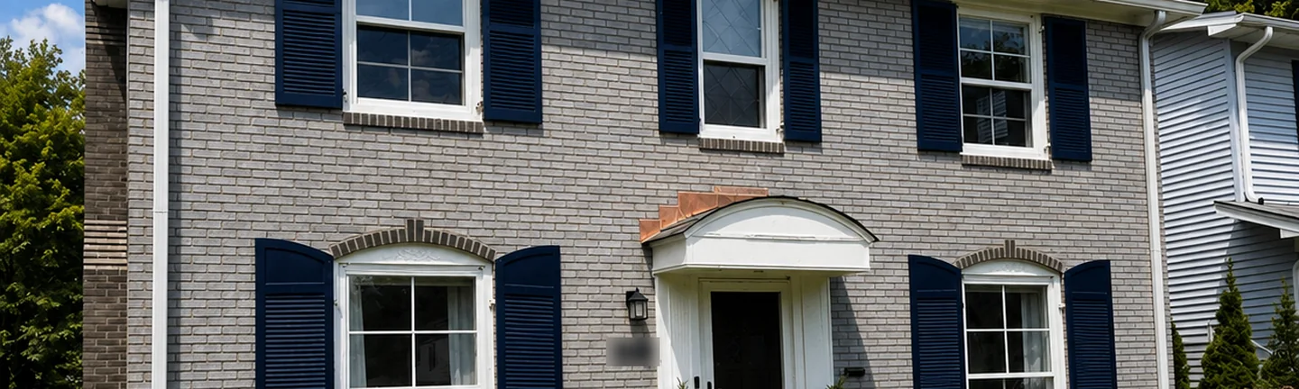 The front of a two-story home after brick staining, the brick an even mid grey under a dark roof