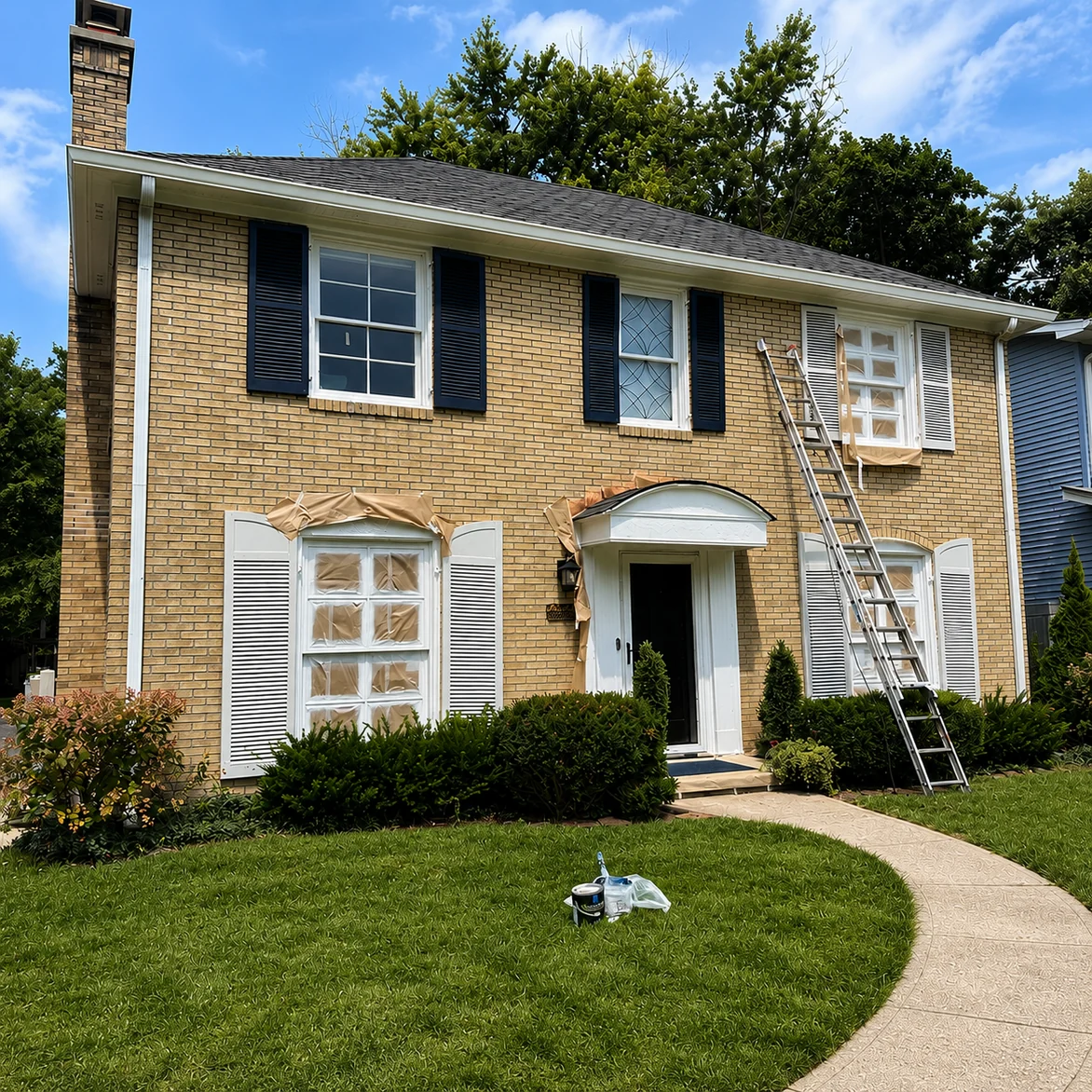 The front of a two-story buff brick home, an extension ladder against the wall and masking paper over the shutters and the entry