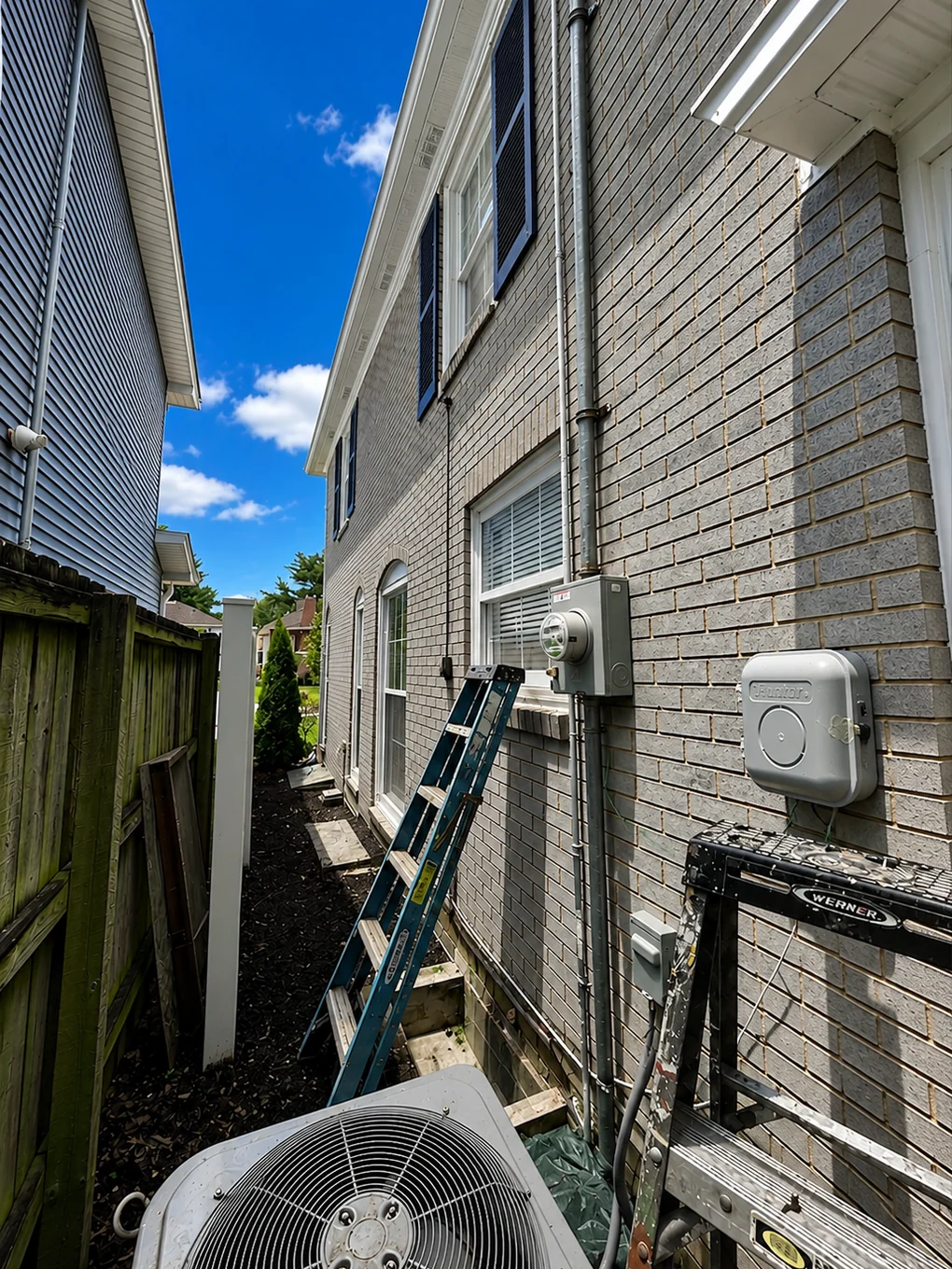 The same wall after staining, an even grey with the meter and both utility boxes left clean