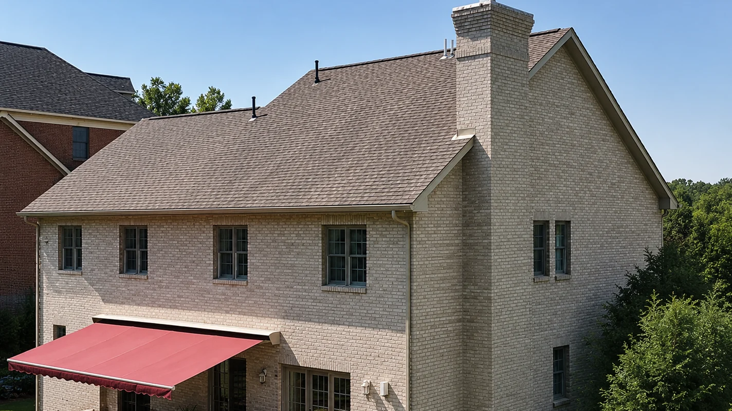 A two-story house about twenty-five years after its brick was stained one even cream