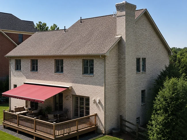 The same house 25 years later surrounded by mature trees, the stained brick still one even cream color