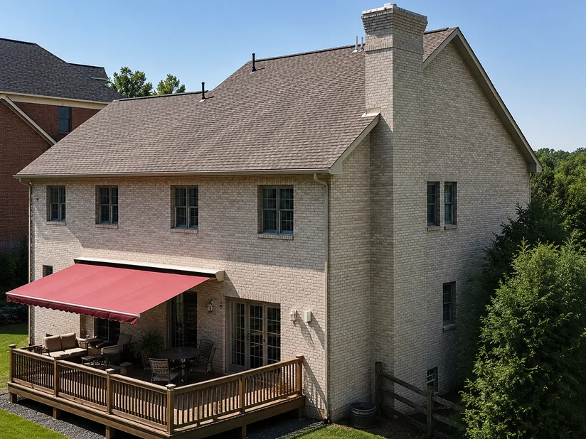 The same house 25 years later surrounded by mature trees, the stained brick still one even cream color