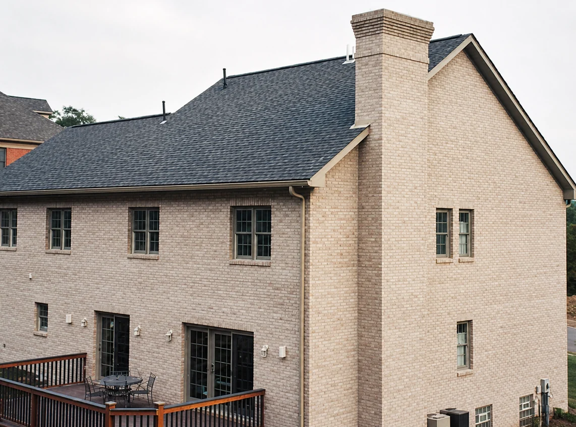 The back of a new two-story house after its patchy gray brick was stained one even cream