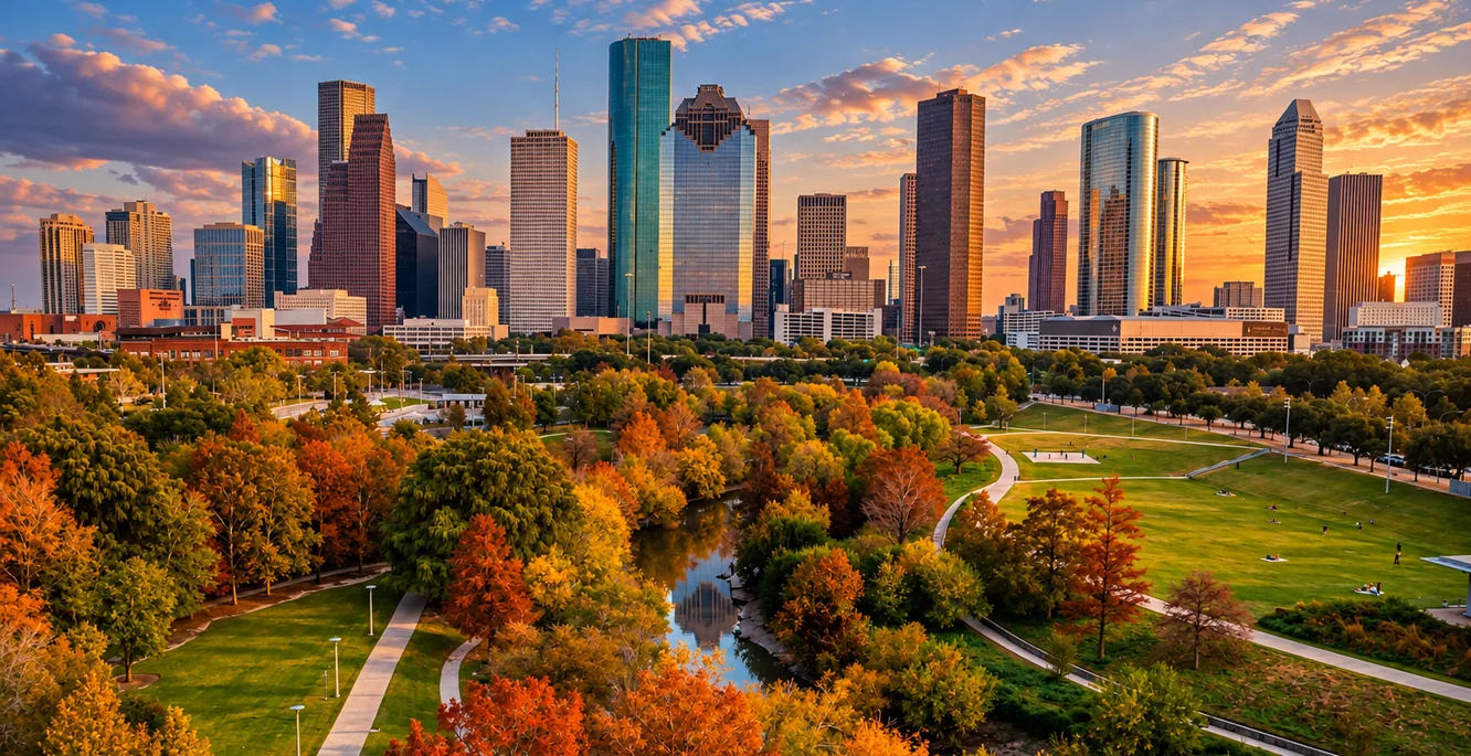 The downtown Houston skyline at sunset over Buffalo Bayou Park, the bayou winding through autumn trees
