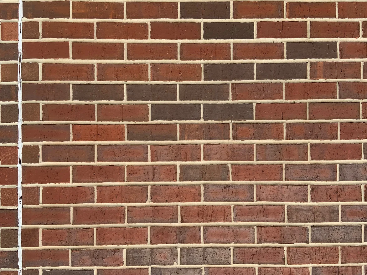 Close view of the blended wall in 2019, courses of red, brown and near-black units running past a pale vertical joint
