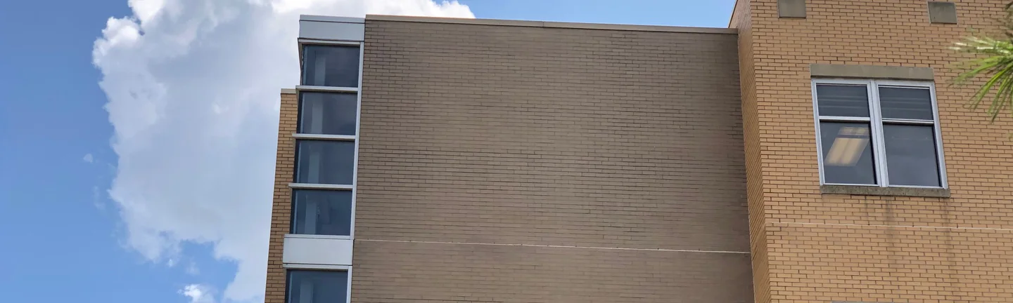 The stained hospital wall in 2019, its brick holding one tan range across the full width of the elevation