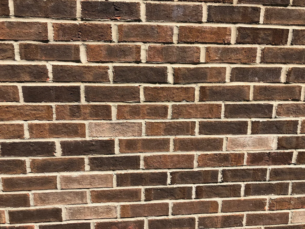 Close view of the coursing in 2019, pale tan units set at intervals among the dark brown brick between cream mortar joints