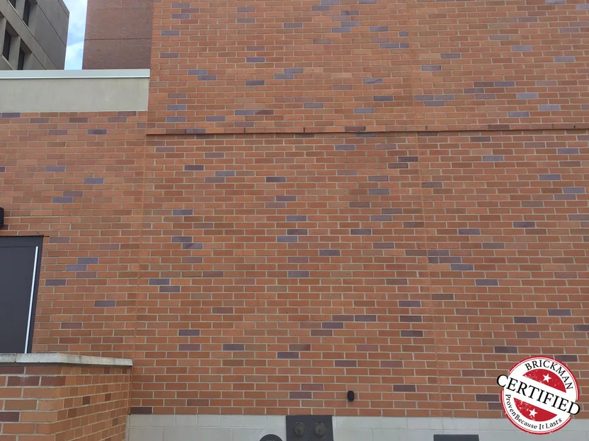 Two storeys of the hospital's brick wall beside a plant room door in 2016, the darker units reading as part of the range rather than as patches