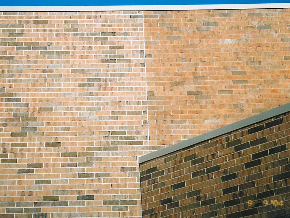 A school wall in 2004 with the brick left of the vertical joint now carrying the same mixed greys, greens and browns as the brick to its right