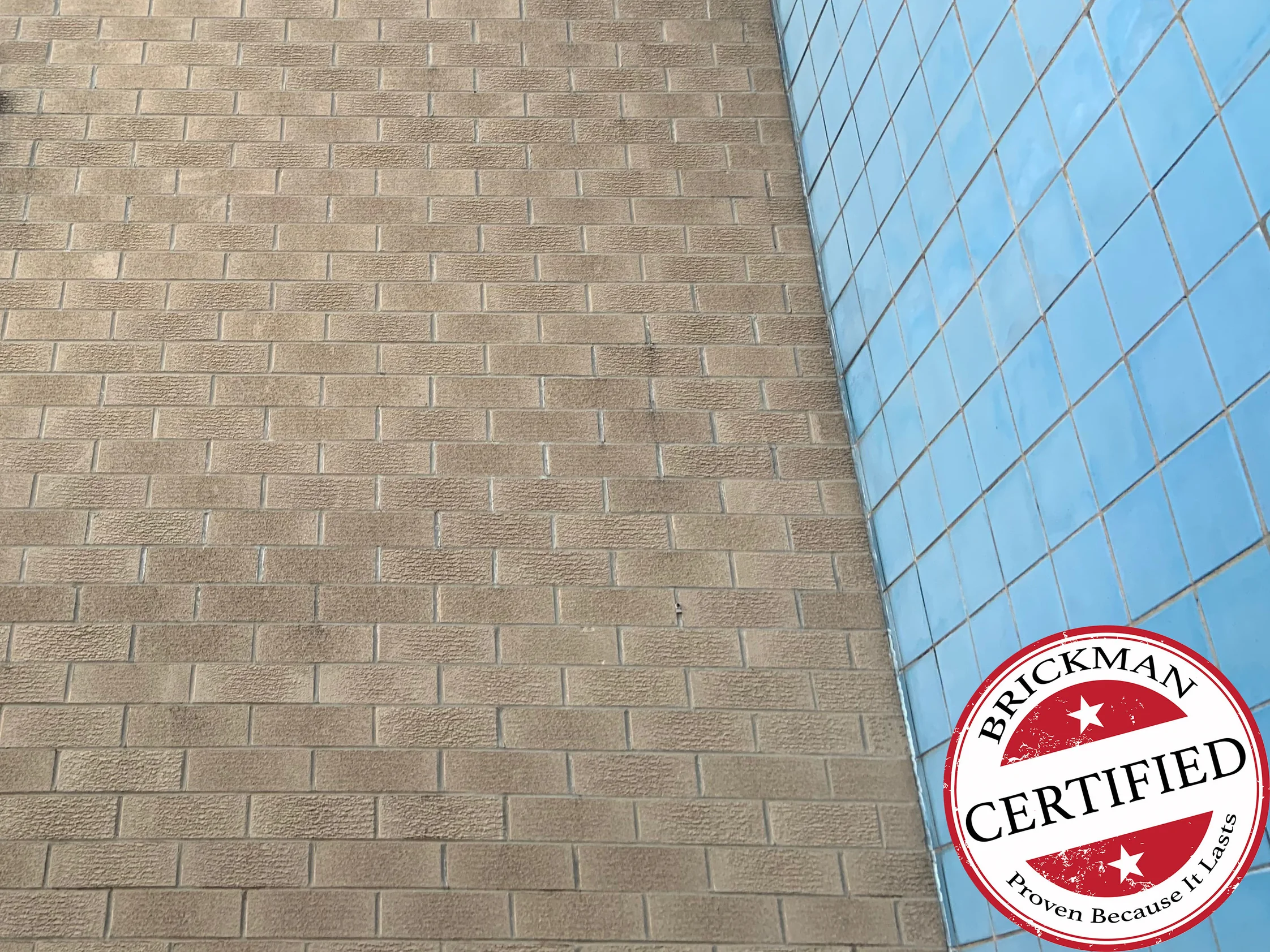 The buff brick wall in 2019 looking up beside the blue glazed tile of the entrance tower, the units reading as one tan range, with the certification stamp in the corner
