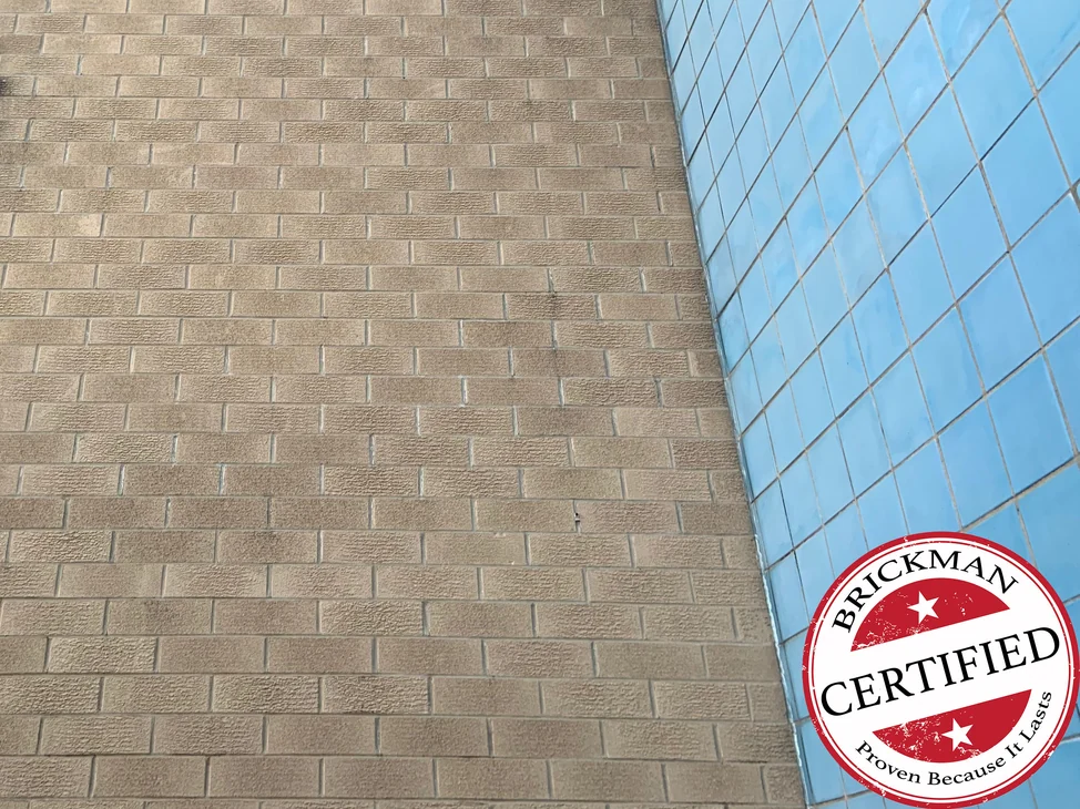 The buff brick wall in 2019 looking up beside the blue glazed tile of the entrance tower, the units reading as one tan range, with the certification stamp in the corner.