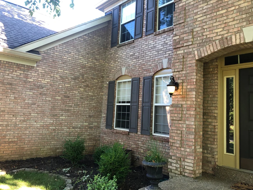 The entry of the house in 2019, the arched brick porch, the side wall and the window heads all carrying the same blend