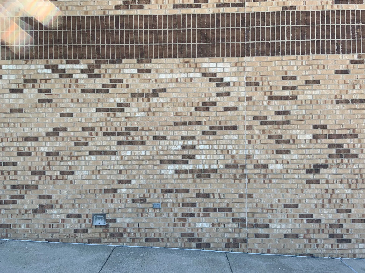 One bay of the school wall in 2019 between two expansion joints, the dark band above and the buff field brick running down to the walk