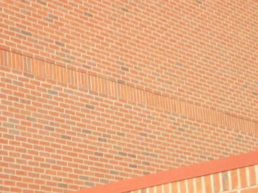 A tall brick wall above a sloped coping in low sun, two courses of upright brick running across it and the field reading as one warm range
