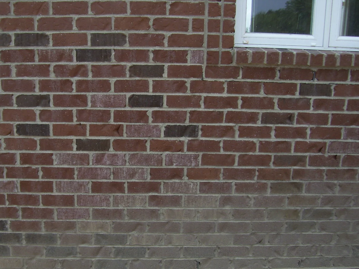 A red brick wall below a window in 2011, with several bricks in it noticeably paler and pinker than the units around them