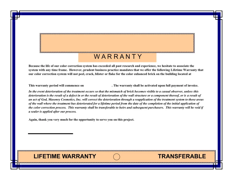 The Masonry Cosmetics sample lifetime warranty certificate: a navy-bordered page headed Warranty, stating the stain will not peel, crack, blister or flake, transferable to heirs and subsequent purchasers, with a Lifetime Warranty, Transferable band along the bottom