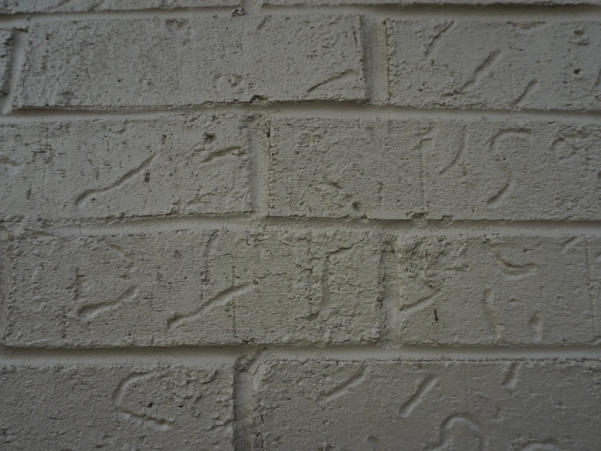 Four courses of brick in close view in 2019, the coating filling the face texture and bridging the mortar joints